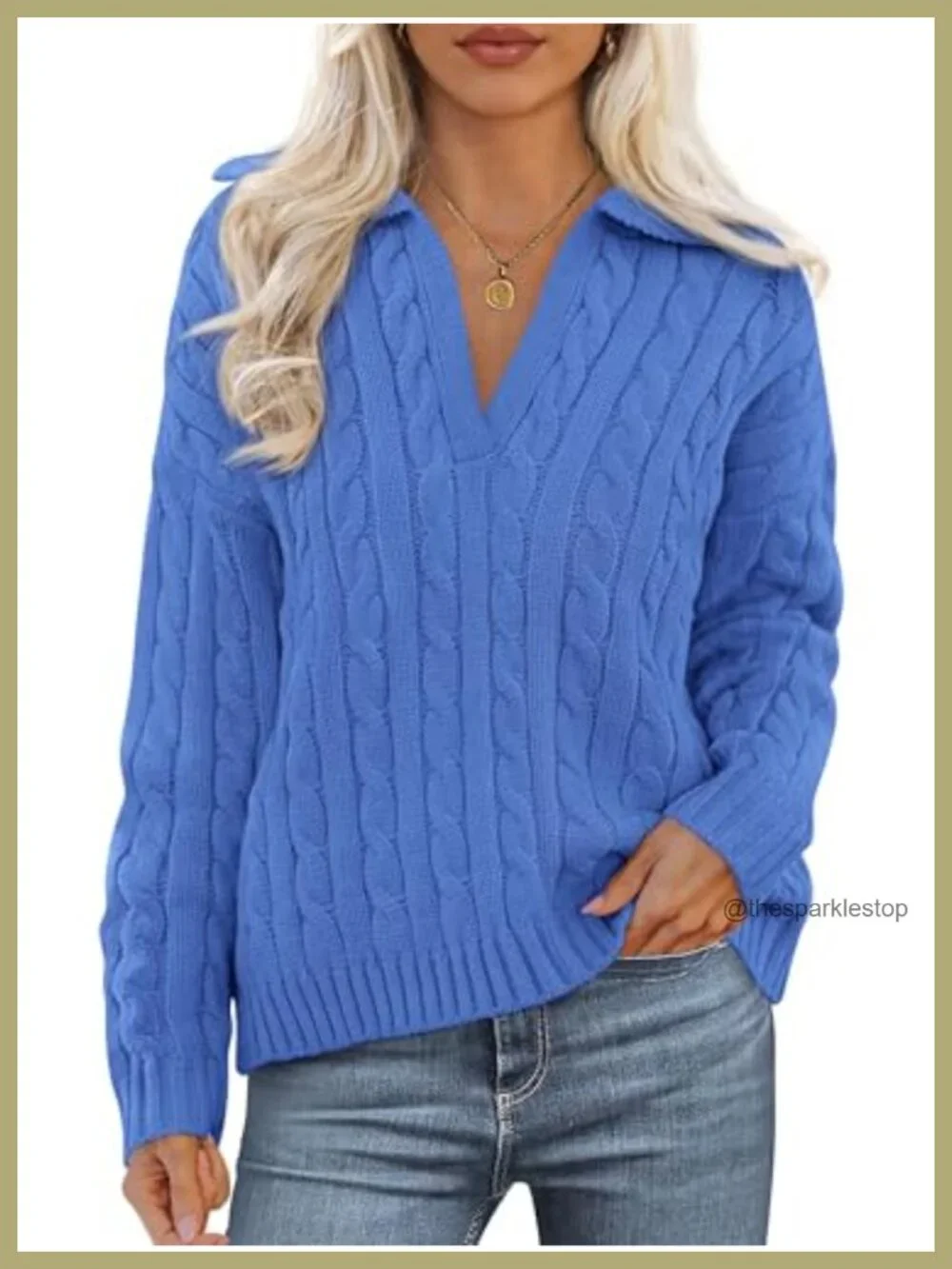 Oversized Cable Knit V-Neck Long Sleeve Chunky Pullover Sweater